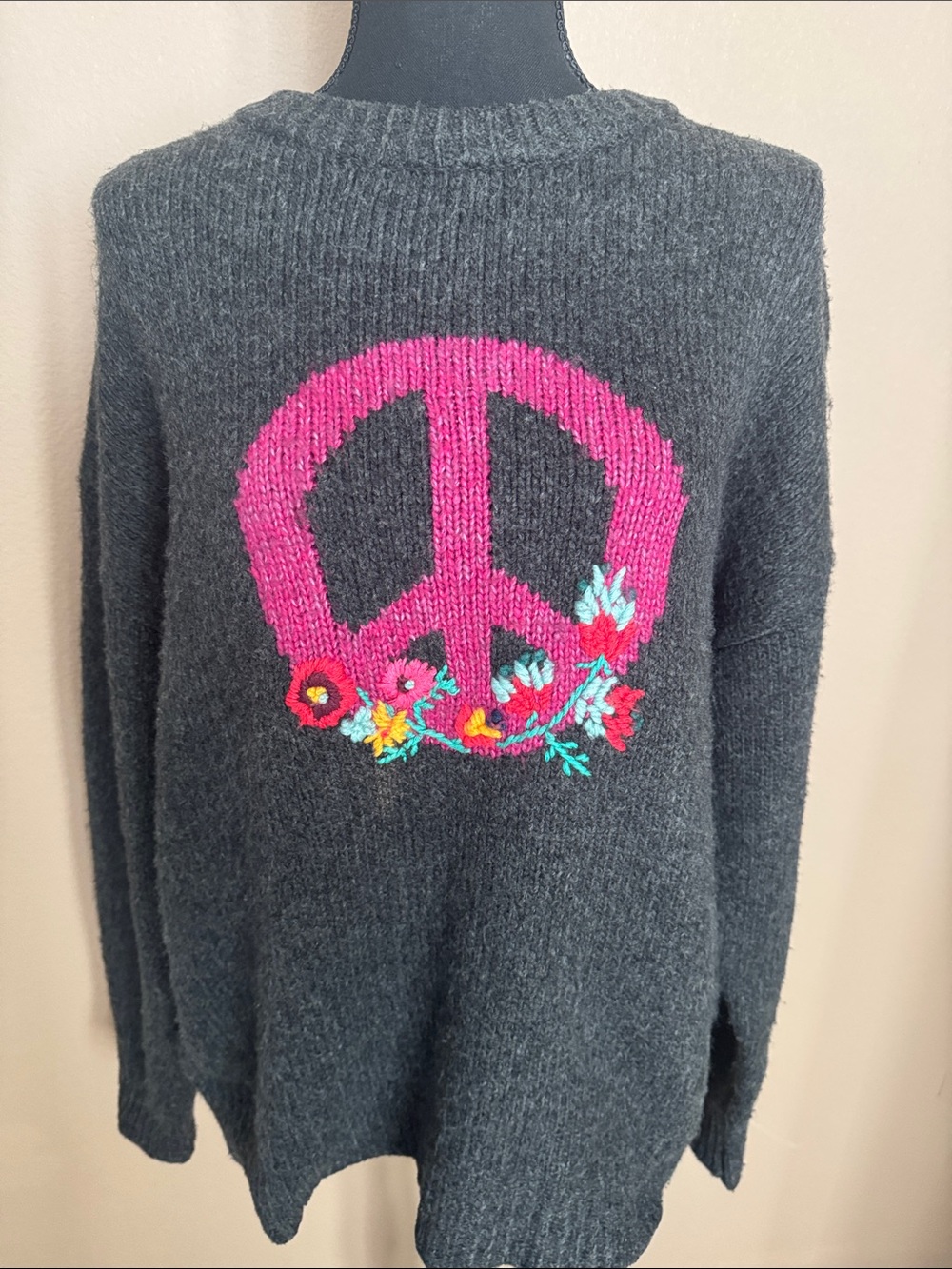 Sundance Charcoal Sweater with Pink Peace Sign and Floral Embroidery